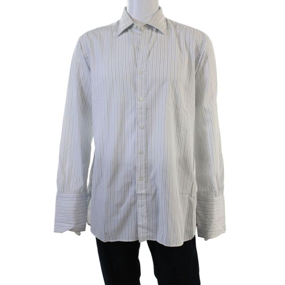 Turnbull & Asser Men Dress Shirt White Striped Long Sleeve Cotton Size L